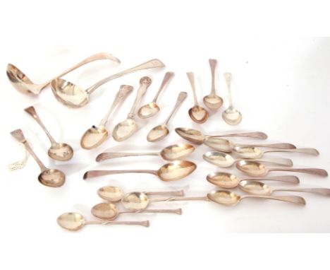 Collection of silver flatwares to include a George III silver sauce ladle, London hallmarks, a further sauce ladle and extens