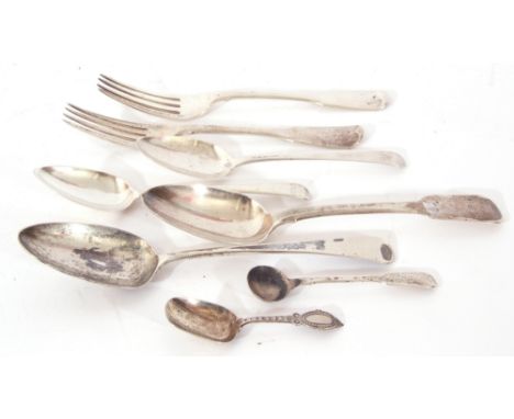 Mixed Lot: various silver flatware, principally Old English and Fiddle pattern, comprising two Fiddle pattern table forks, Lo