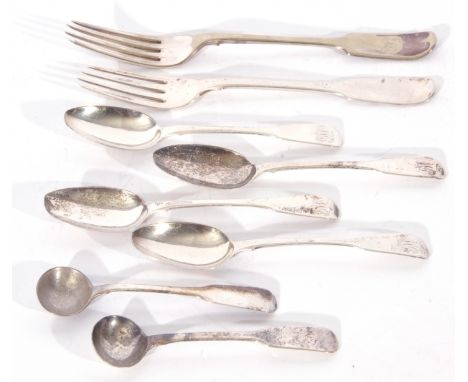 Mixed Lot: silver flatwares comprising set of four George III Fiddle pattern tea spoons, London 1818, maker's mark FH, togeth