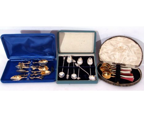 Mixed Lot: comprising six Norwegian sterling silver and enamel coffee spoons together with a set of six Japanese novelty ster