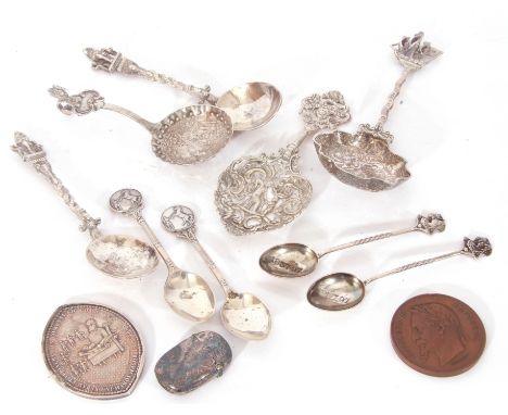 Mixed Lot: silver, white metal and other wares comprising two Continental white metal straining spoons, one with ship finial,