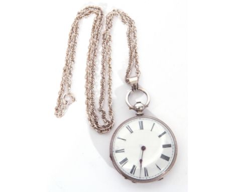 Last quarter of 19th century white metal cased large fob watch having blued steel hands to a white enamel dial with black Rom