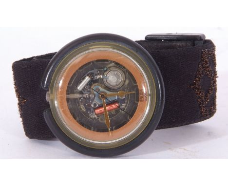 Last quarter of 20th century Swatch Pop watch with open skeleton movement, black plastic case, dial diam 4cm