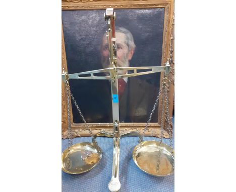 A set of 19th century Avery 4LB brass bank scales and three weights, 67cm hLocation: RAB 