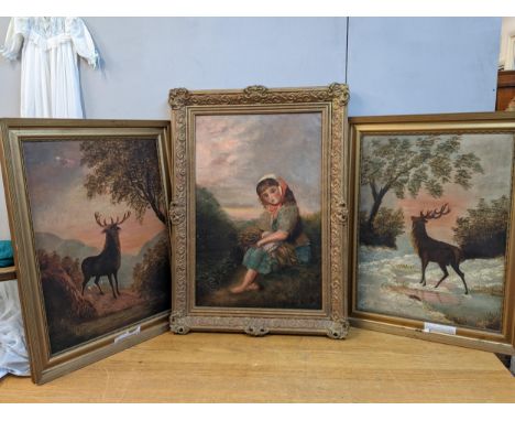 19th century British School - a pair of deer and a portrait of a girl, oil on canvas, in gilt framesLocation: 