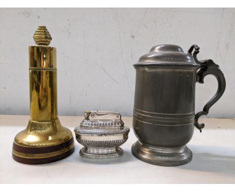 Smoking related items to include a Dunhill tobacco box in the form of a tankard, a Ronson lighter, and a brass stick lighter 