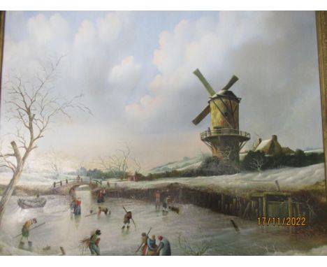 Max Brandrett (Max the Forger) - a Dutch style winter scene with ice skater on the river, a windmill, cottage, bridge and tre