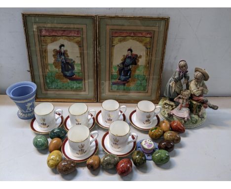 Mixed collectables to include two Japanese paintings, stone eggs, Royal Kendal H&amp;M tea set, a Wedgwood vase and other ite