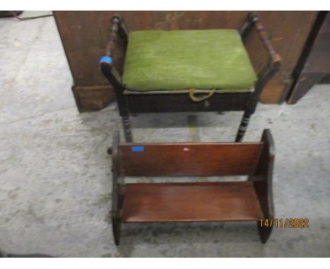 A late Victorian ebonized music stool, with green upholstered hinged seat, turned arm rests and legs, along with a mahogany b