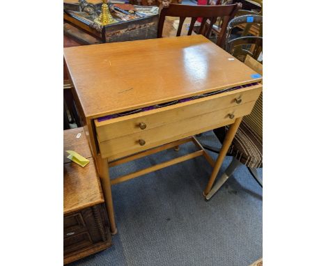 A mid 20th century light oak two-drawer canteen table with Walker &amp; Hall cutlery Location: 