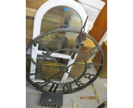 A mixed lot to include a white painted wooden frame window with arched top and clear glass panels, a contemporary large patin