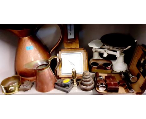 A vintage Dunlop paper sealer together with mixed metalware to include scales, a gentleman's vanity set, weights, trench arts