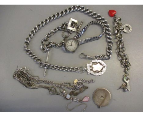 Mixed jewellery to include a ladies manual wind wristwatch together with a silver pocket watch chain with silver fobLocation: