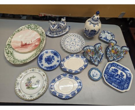 A mixed lot of blue and white ceramics to include a Portuguese wall hanging candlestick, Royal Copenhagen blue and white cera