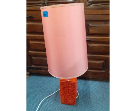A retro orange pottery lamp with pink shade and a pair of vintage Tango spatter glass vasesLocation: A1F 