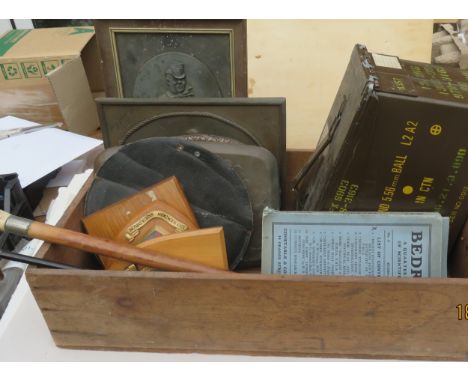 Vintage Swan ink packing box with wall plaques, swagger stick, ammo box and a broadsheet newspaper page turner Location: