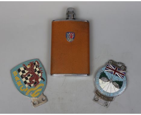 BARC hip flask and car badge together with a National Motoring Association badge 