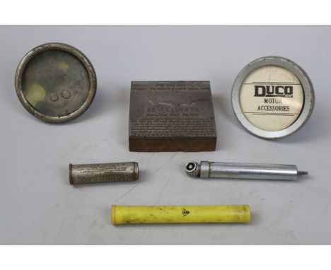 Collectables to include vintage tax disk holders &amp; a Singer print block etc 