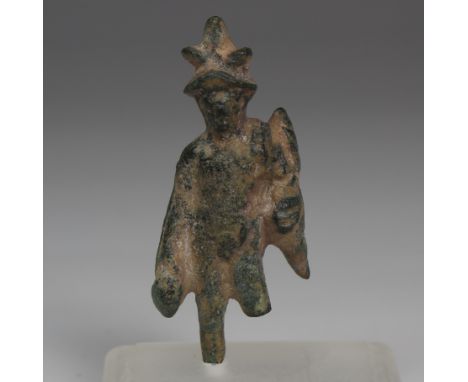 ITEM: Statuette of MercuryMATERIAL: BronzeCULTURE: RomanPERIOD: 1st - 2nd Century A.DDIMENSIONS: 48 mm x 23 mmCONDITION: Good