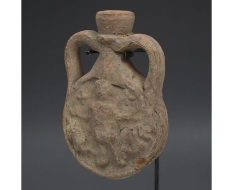 ITEM: Pilgrim flask (Ampulla) of Saint Menas and Greek inscriptionMATERIAL: PotteryCULTURE: ByzantinePERIOD: 7th Century A.DD