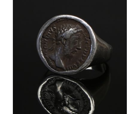 ITEM: Ring with Marcus Aurelius denarius. Obverse: M ANTONINVS AVG TR P XXVIII , laureate head right. Reverse: IMP VI COS III