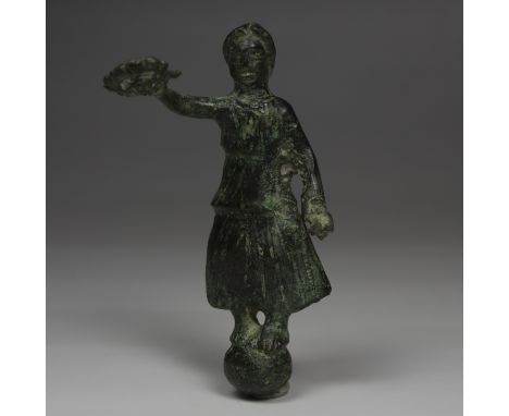 ITEM: Statuette of Victory with wreath on globeMATERIAL: BronzeCULTURE: RomanPERIOD: 1st Century A.DDIMENSIONS: 91 mm x 50 mm