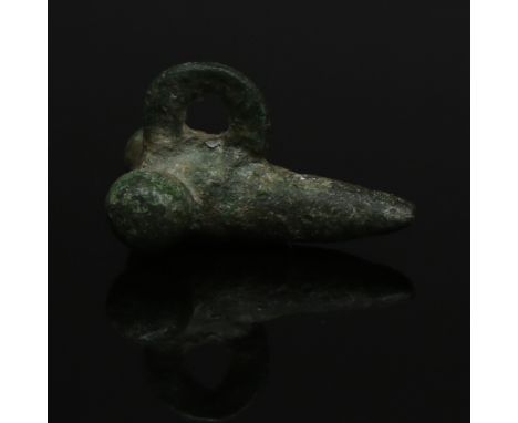 ITEM: Phallic amuletMATERIAL: BronzeCULTURE: RomanPERIOD: 1st - 3rd Century A.DDIMENSIONS: 14 mm x 15 mm x 23 mmCONDITION: Go