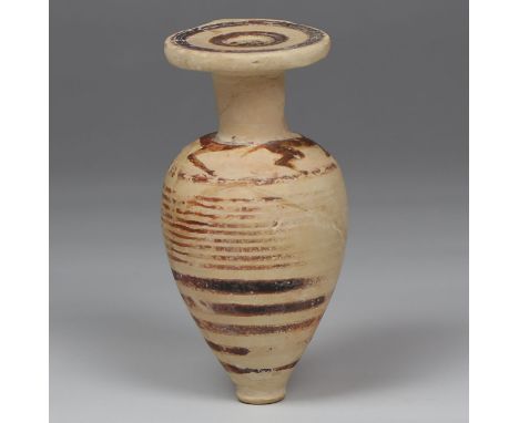 ITEM: Piriform aryballos depicting bands and running dogsMATERIAL: PotteryCULTURE: Greek, Proto-CorinthianPERIOD: 675 - 650 B