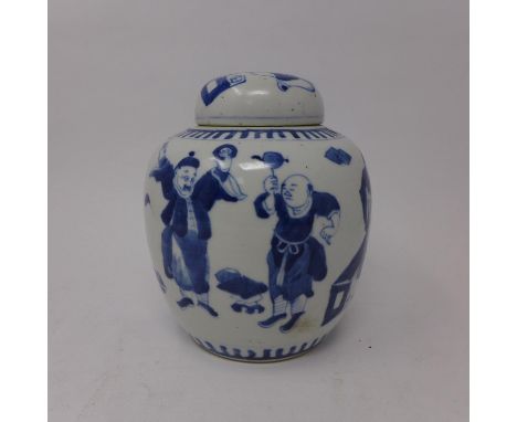 A late 19th / early 20th century Chinese lidded porcelain ginger jar, hand-painted in blue and white with musicians and perfo