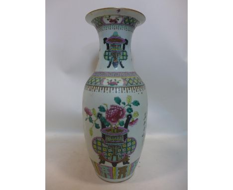 A 19th century large Chinese porcelain vase hand-enamelled in the famille rose palette, H: 58cm 