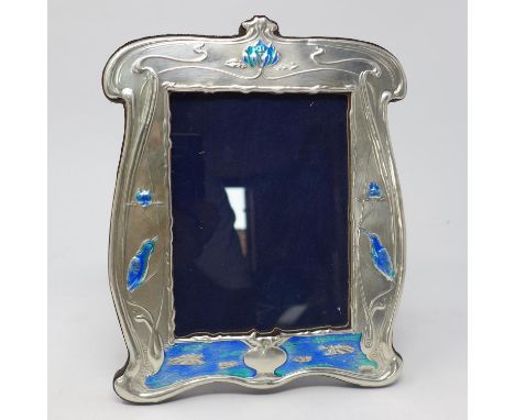 A sterling silver and hand enamelled easel back picture frame in the Art Nouveau style, 21 x 17cm 