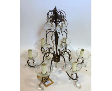 A wrought iron and glass drop chandelier, 55 x 40cm 