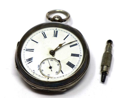 A silver open face pocket watch, enamel dial with Roman numerals (cracks to dial), subsidiary seconds dial at six, hallmarked