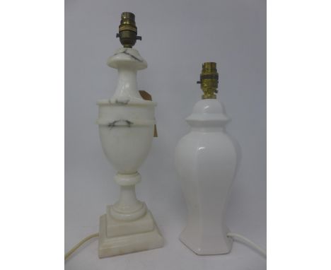 A marble table lamp (no shade), H.42cm, together with a white ceramic table lamp (no shade), H.34cm (2) 