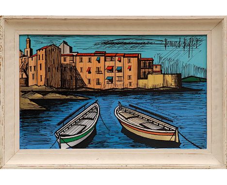 BERNARD BUFFET, 'Two boats in a French harbour', Galerie Maurice Garnier, lithograph, signed in the plate, 30cm x 50cm, frame