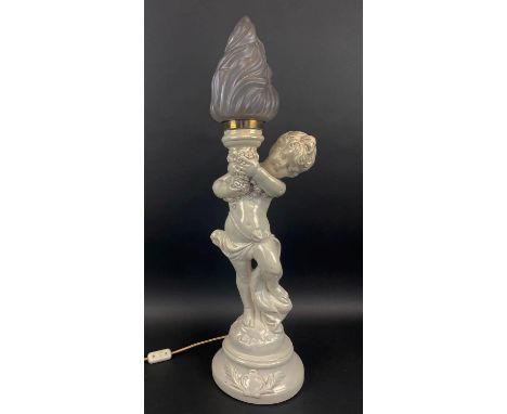 CHERUB TORCH TABLE LAMP, continental painted porcelain with frosted glass flame shade, 79cm H. 