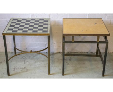 LOW TABLES, two brass framed including one with a chess top, both 51cm H x 46cm x 46cm. (2) (slight scratches) 