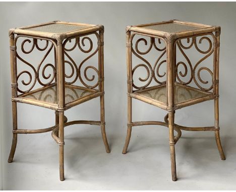 LAMP TABLES, a pair, rattan, cane panelled and cane bound, square with scroll sides and two tiers, 36cm x 36cm x 73cm H. (2) 