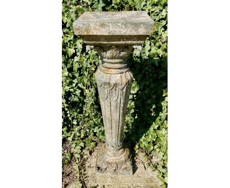 ARCHITECTURAL JARDINIERE STAND, faux aged stone with foliate details. 