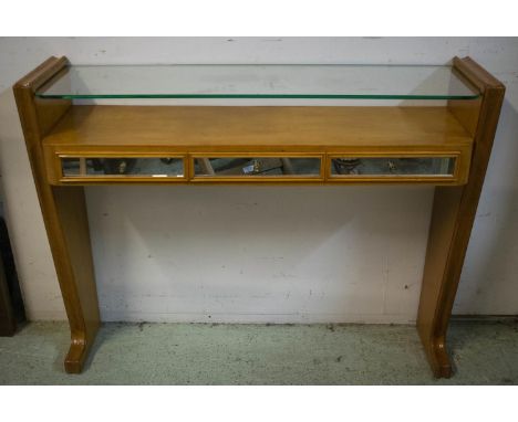 CONSOLE TABLE, mid 20th century Italian satinwood and sycamore with glass shelf above three mirrored drawers, 81cm H x 104cm 