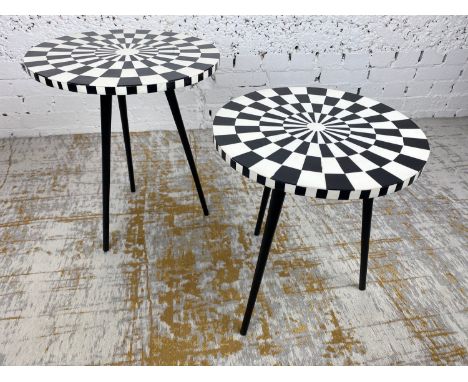 SIDE TABLES, a graduated pair, 1970's Italian design, circular inlaid tops on tripod metal legs, largest 53cm H x 44cm x 44cm