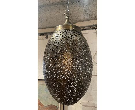 MOROCCAN PENDANT LAMP, mid 20th century with pierced copper shade and brass gallery, 80cm H. 