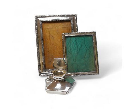 A George VI Art Deco silver mounted inkwell, Sheffield, 1949, 15.1cm and two early 20th century silver mounted rectangular ph