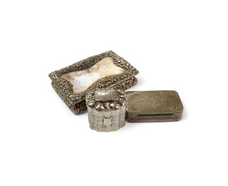 A George IV silver snuff box, by Nathaniel Mills (a.f.), Birmingham, 1827, 84mm, a Dutch white metal pill box and a Portugues