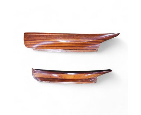 Two mounted cross banded mahogany and yew wood split hull models. Condition - fair to good Larger of the two, named Wave, lon