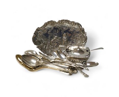 Sundry small silver and other items including a white metal trinket dish, 16cm, mustard pot, teaspoons, server etc.  Conditio