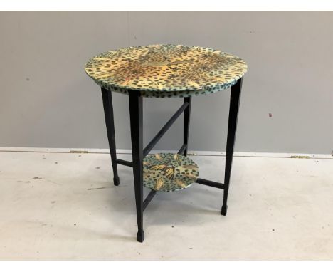 Julia Black, a decoupage faux leopard print two tier table, diameter 62cm, height 66cm. Condition - fair