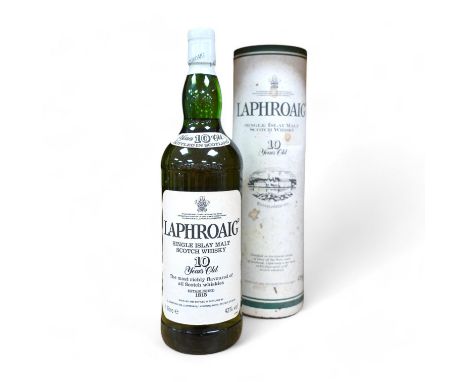A cased 1lt bottle of Laphroaig Single Islay Malt Scotch Whisky, 10 Years Old. Condition - good, some staining to case