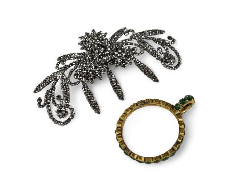 An antique cut steel mounted hair ornament, 10.7cm and a green paste set item. Condition - poor to fair