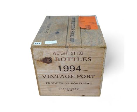 A sealed case of twelve bottles of 1994 Warres Vintage Port, in OWC, purchased en primeur from The Wine Society. Condition - 